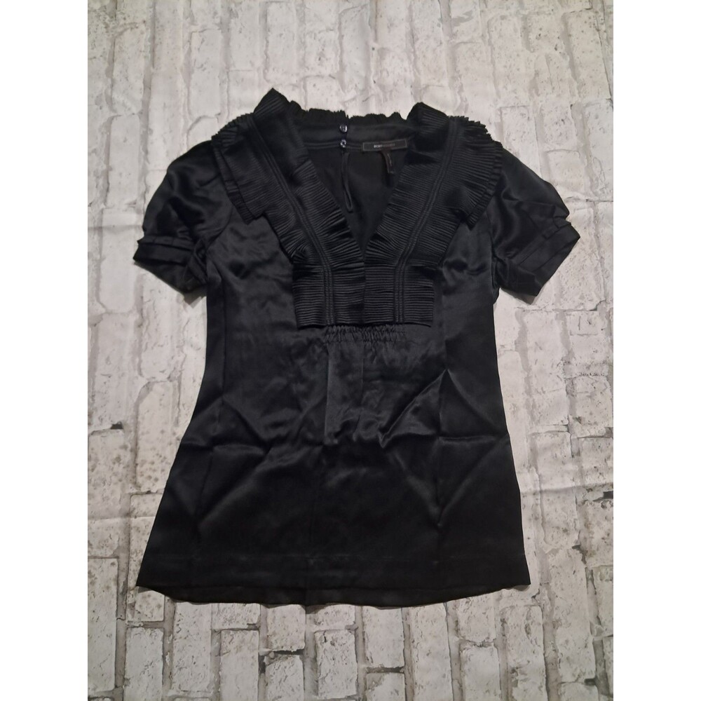 Bcbg Maxazria Women's XXS Black Blouse Pleated V-Neck Keyhole 100% Silk